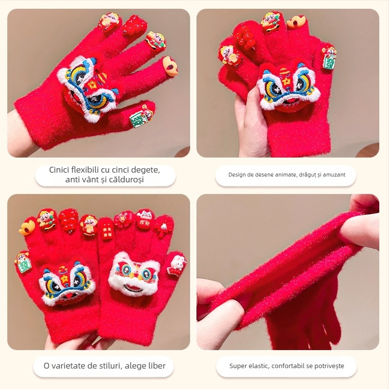 Mănuși tricotate din catifea pentru copii, cu cinci degete, iarnă, unisex, vârsta 3–12 ani, stil chinezesc