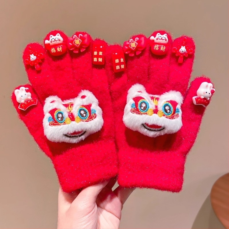Mănuși tricotate din catifea pentru copii, cu cinci degete, iarnă, unisex, vârsta 3–12 ani, stil chinezesc