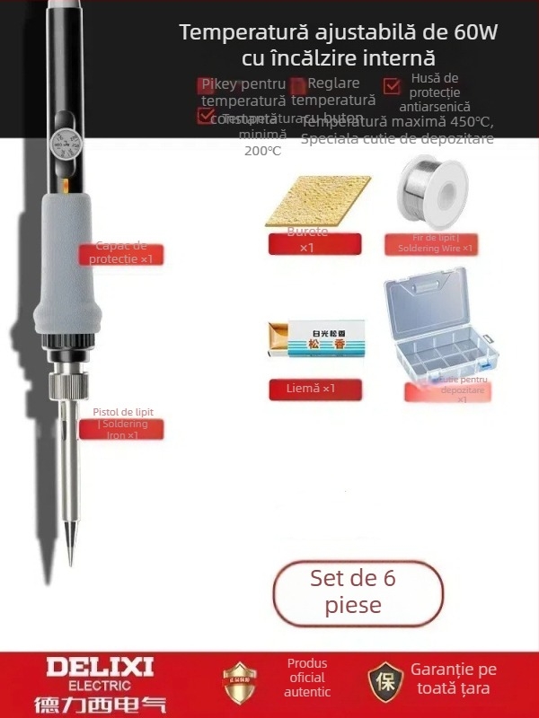 Delixi Fier de lipit cu încălzire internă – set pentru uz casnic, temperatură reglabilă, element de încălzire ceramic, pentru lipire, dezlipire и pyrogravură