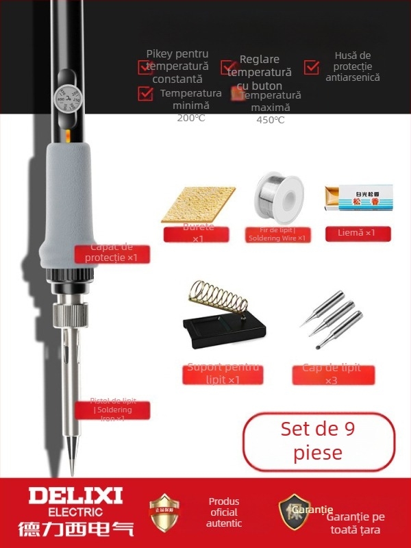 Delixi Fier de lipit cu încălzire internă – set pentru uz casnic, temperatură reglabilă, element de încălzire ceramic, pentru lipire, dezlipire и pyrogravură