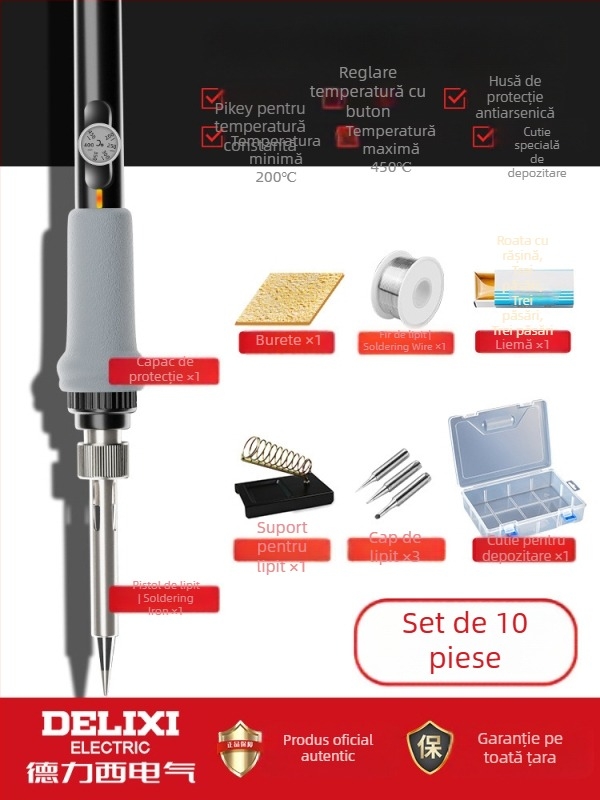 Delixi Fier de lipit cu încălzire internă – set pentru uz casnic, temperatură reglabilă, element de încălzire ceramic, pentru lipire, dezlipire и pyrogravură