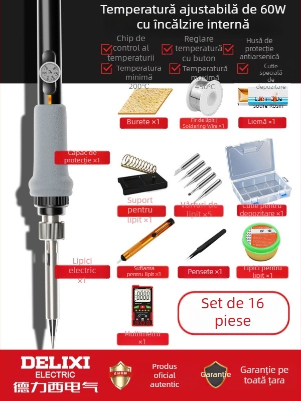 Delixi Fier de lipit cu încălzire internă – set pentru uz casnic, temperatură reglabilă, element de încălzire ceramic, pentru lipire, dezlipire и pyrogravură