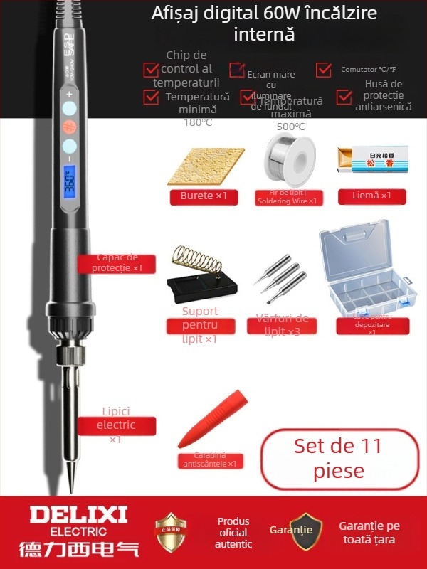 Delixi Fier de lipit cu încălzire internă – set pentru uz casnic, temperatură reglabilă, element de încălzire ceramic, pentru lipire, dezlipire и pyrogravură