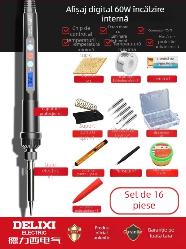 Delixi Fier de lipit cu încălzire internă – set pentru uz casnic, temperatură reglabilă, element de încălzire ceramic, pentru lipire, dezlipire и pyrogravură