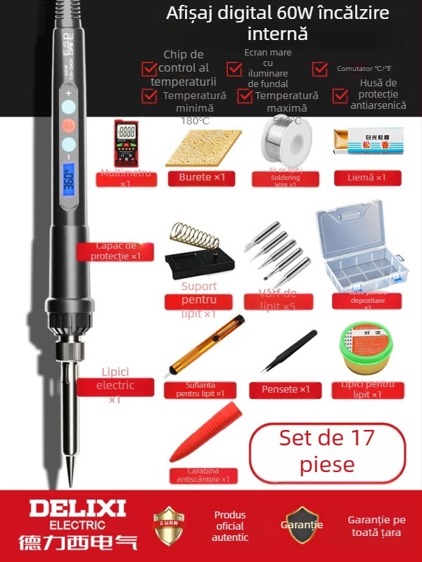 Delixi Fier de lipit cu încălzire internă – set pentru uz casnic, temperatură reglabilă, element de încălzire ceramic, pentru lipire, dezlipire и pyrogravură