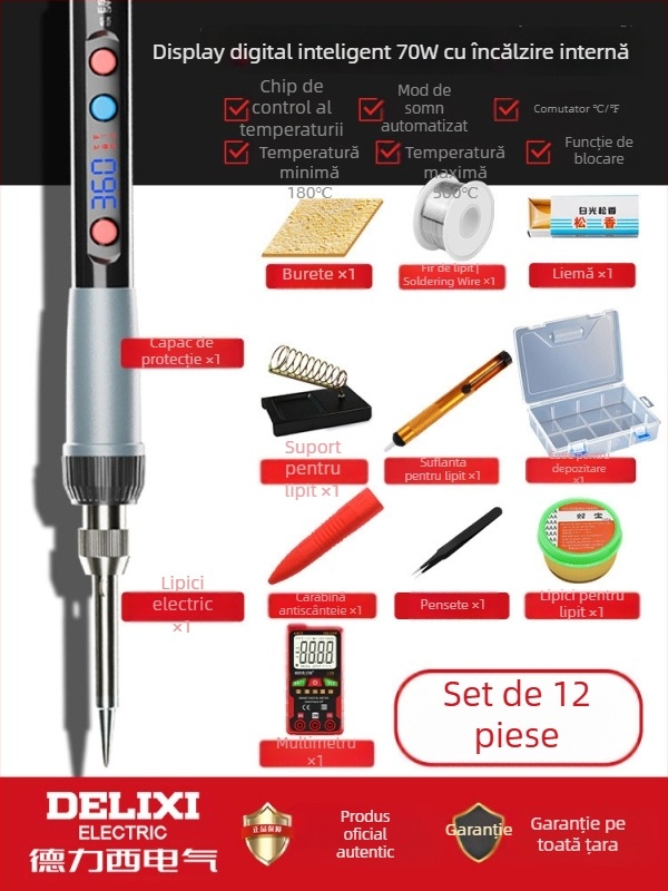 Delixi Fier de lipit cu încălzire internă – set pentru uz casnic, temperatură reglabilă, element de încălzire ceramic, pentru lipire, dezlipire и pyrogravură