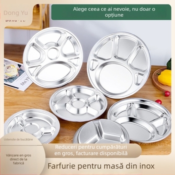 Farfurie circulară din oțel inoxidabil, cu trei compartimente, design integrat, pentru copii și elevi, compatibilă cu microunde