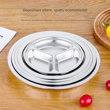 Farfurie circulară din oțel inoxidabil, cu trei compartimente, design integrat, pentru copii și elevi, compatibilă cu microunde