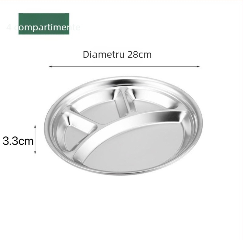 Farfurie circulară din oțel inoxidabil, cu trei compartimente, design integrat, pentru copii și elevi, compatibilă cu microunde