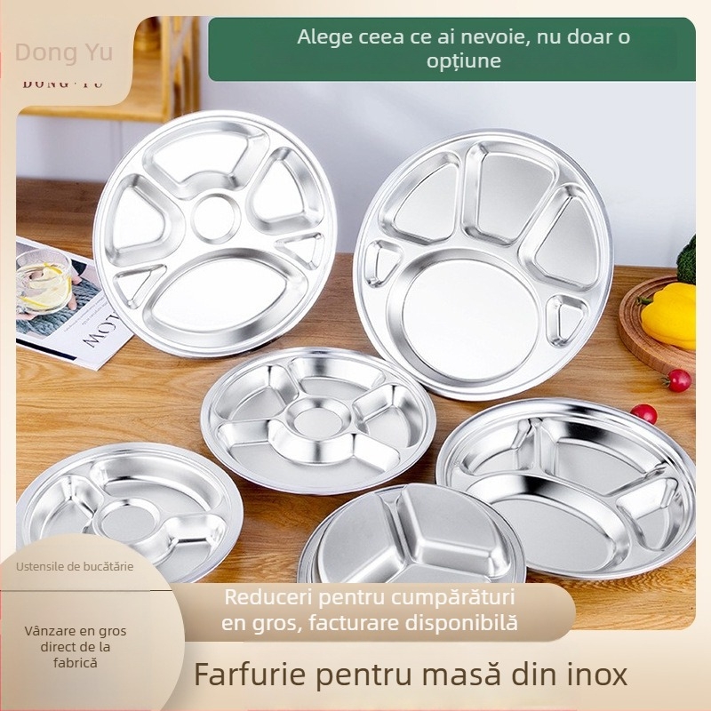 Farfurie circulară din oțel inoxidabil, cu trei compartimente, design integrat, pentru copii și elevi, compatibilă cu microunde