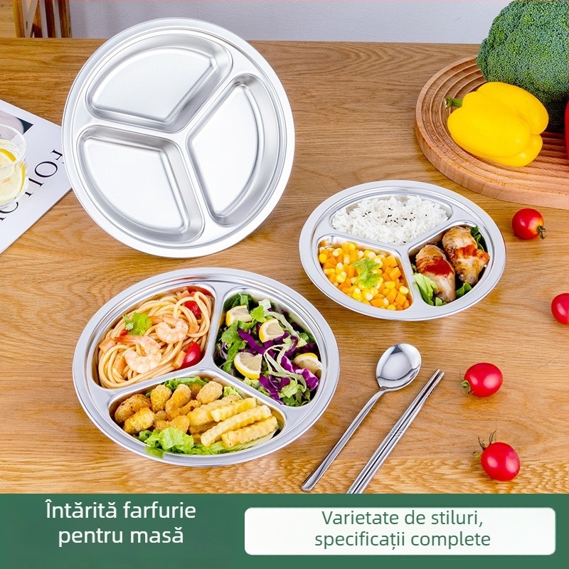 Farfurie circulară din oțel inoxidabil, cu trei compartimente, design integrat, pentru copii și elevi, compatibilă cu microunde