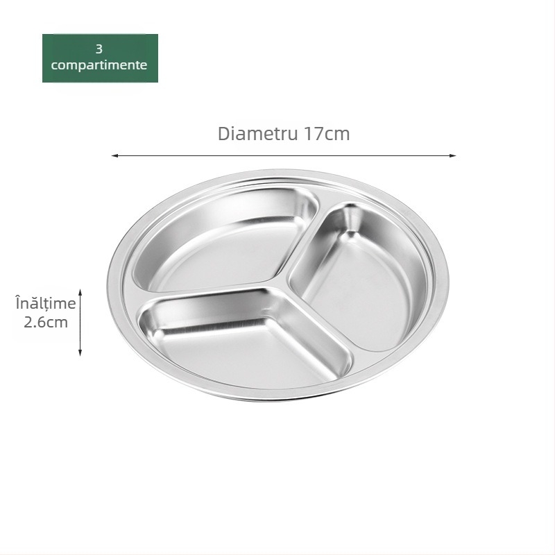 Farfurie circulară din oțel inoxidabil, cu trei compartimente, design integrat, pentru copii și elevi, compatibilă cu microunde
