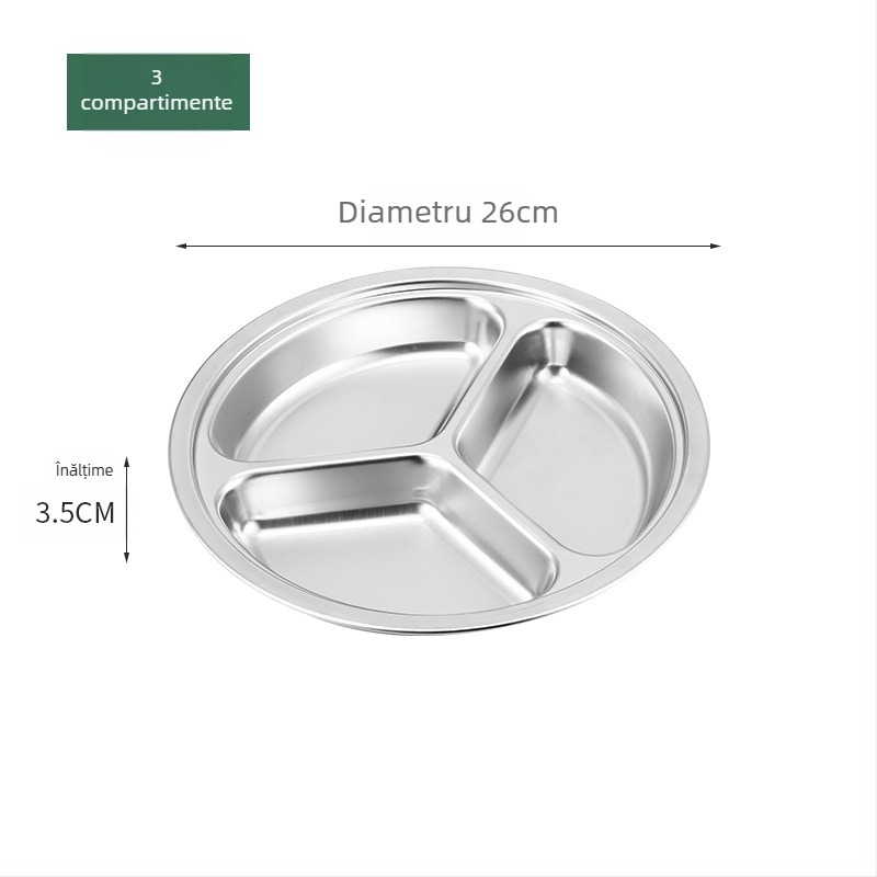 Farfurie circulară din oțel inoxidabil, cu trei compartimente, design integrat, pentru copii și elevi, compatibilă cu microunde