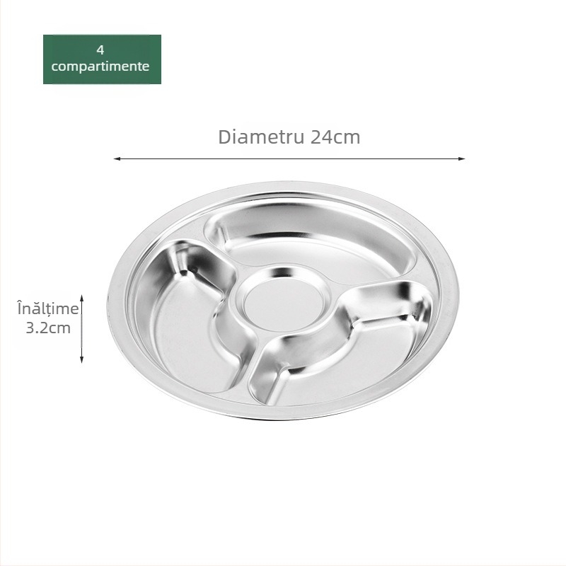 Farfurie circulară din oțel inoxidabil, cu trei compartimente, design integrat, pentru copii și elevi, compatibilă cu microunde