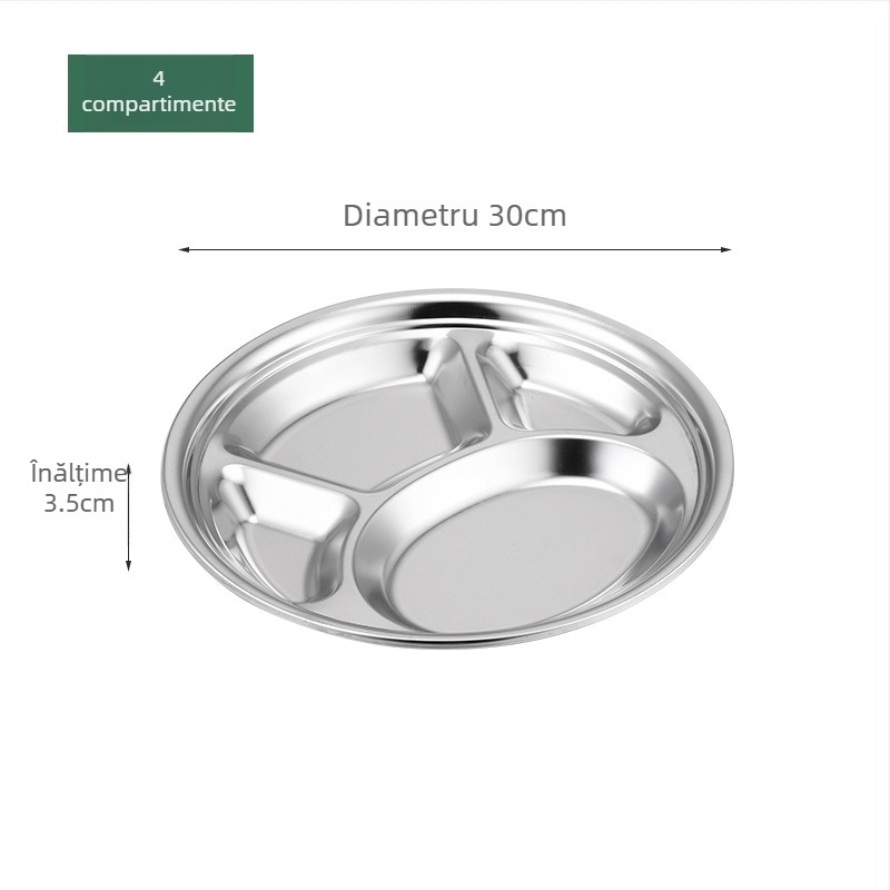 Farfurie circulară din oțel inoxidabil, cu trei compartimente, design integrat, pentru copii și elevi, compatibilă cu microunde