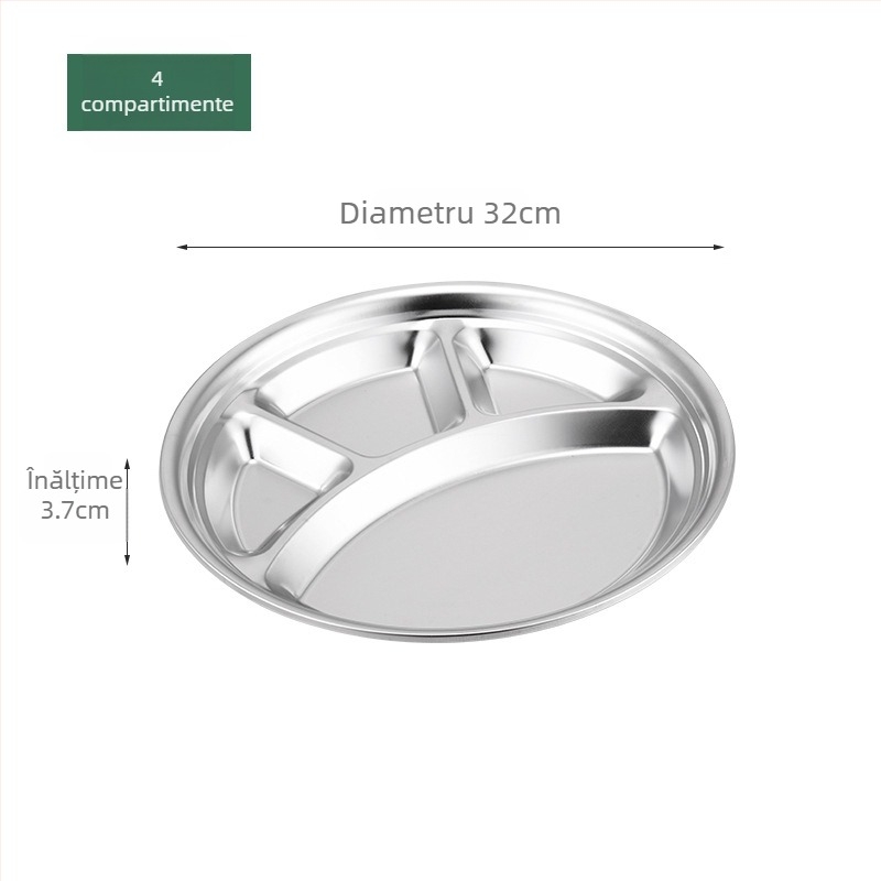 Farfurie circulară din oțel inoxidabil, cu trei compartimente, design integrat, pentru copii și elevi, compatibilă cu microunde