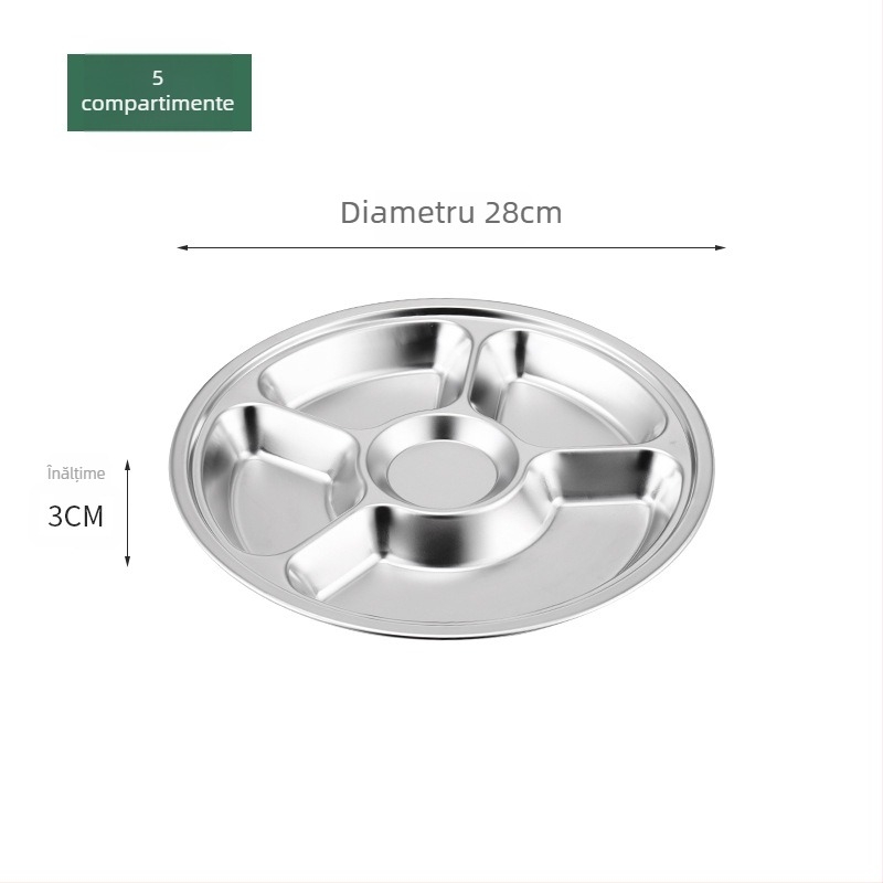 Farfurie circulară din oțel inoxidabil, cu trei compartimente, design integrat, pentru copii și elevi, compatibilă cu microunde