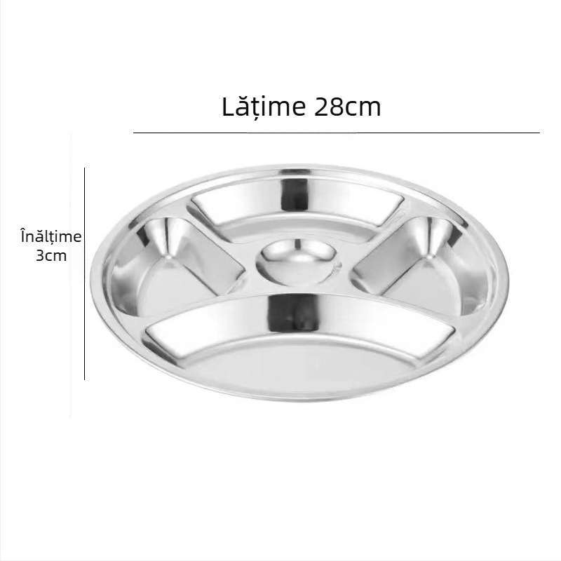 Farfurie circulară din oțel inoxidabil, cu trei compartimente, design integrat, pentru copii și elevi, compatibilă cu microunde