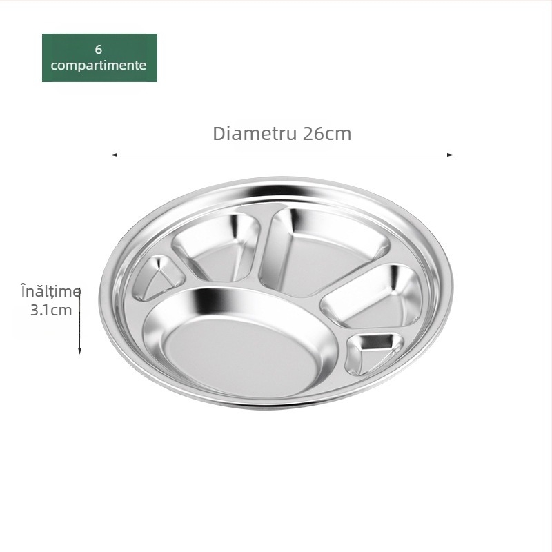Farfurie circulară din oțel inoxidabil, cu trei compartimente, design integrat, pentru copii și elevi, compatibilă cu microunde
