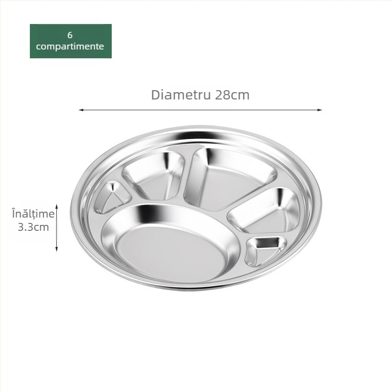 Farfurie circulară din oțel inoxidabil, cu trei compartimente, design integrat, pentru copii și elevi, compatibilă cu microunde