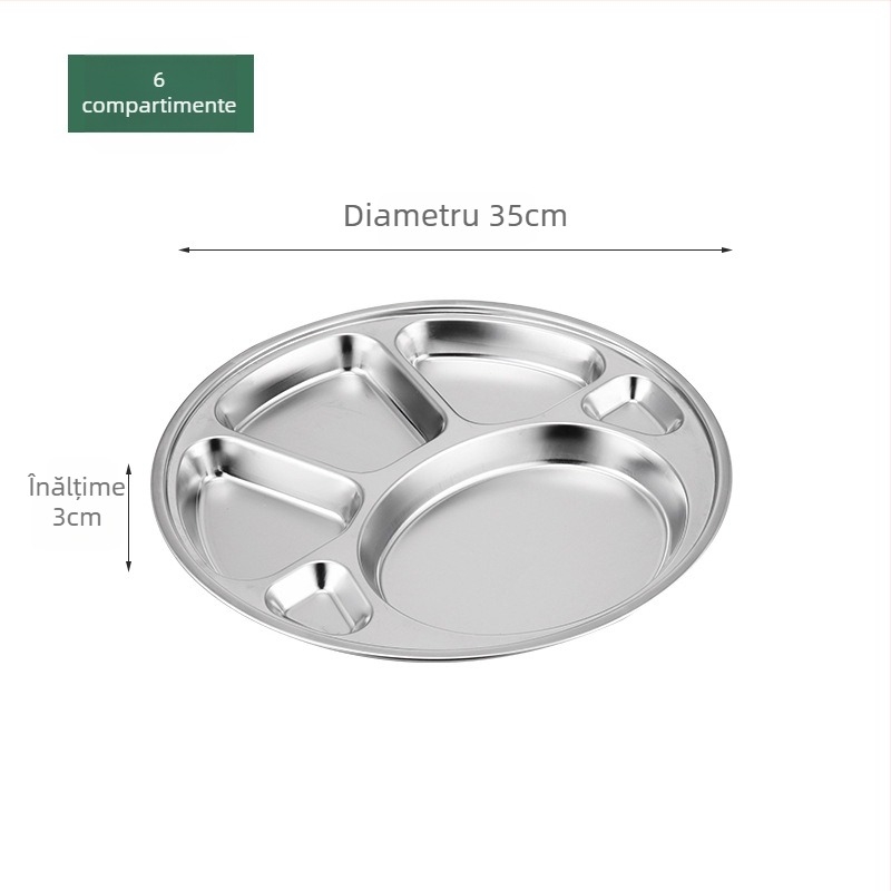 Farfurie circulară din oțel inoxidabil, cu trei compartimente, design integrat, pentru copii și elevi, compatibilă cu microunde