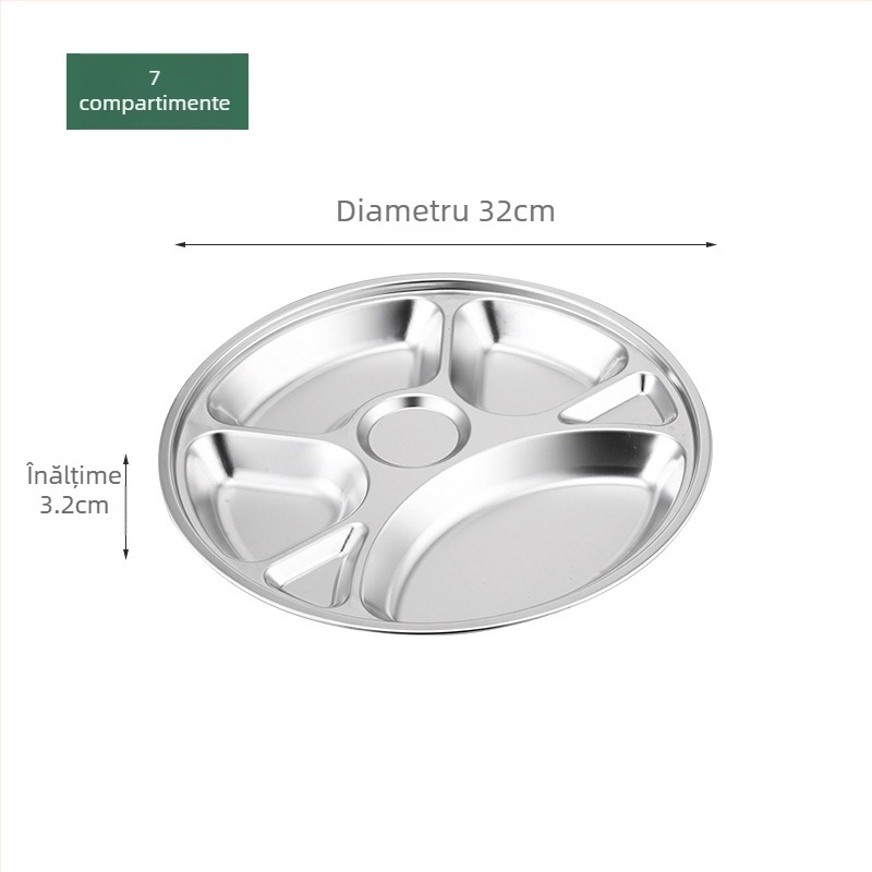 Farfurie circulară din oțel inoxidabil, cu trei compartimente, design integrat, pentru copii și elevi, compatibilă cu microunde
