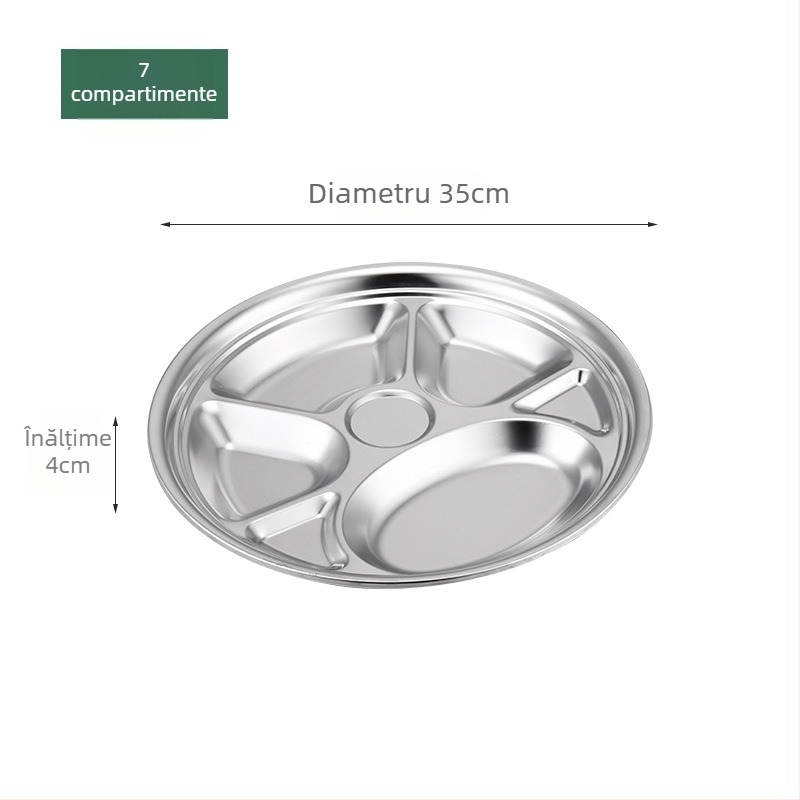 Farfurie circulară din oțel inoxidabil, cu trei compartimente, design integrat, pentru copii și elevi, compatibilă cu microunde