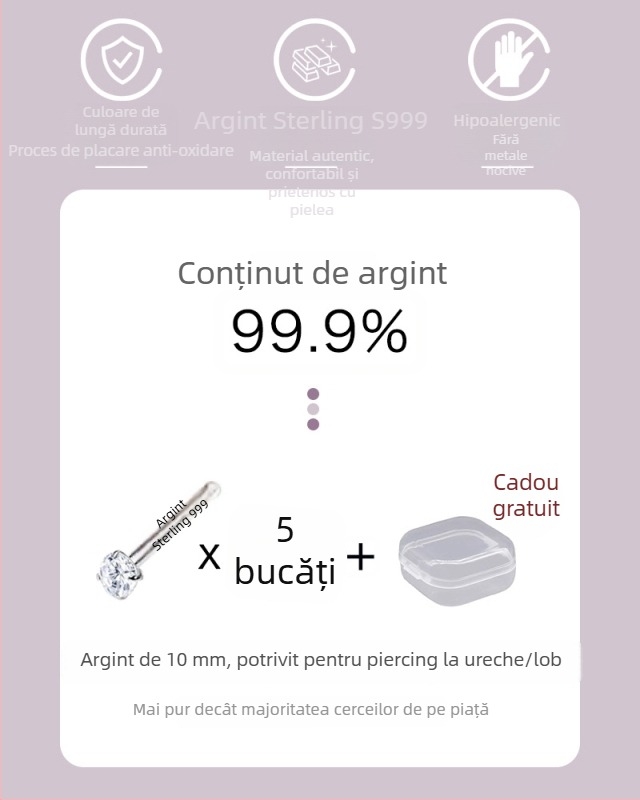 Cercei din argint 999 pentru femei, mici, cu diamant, pentru găuri la urechi, confortabili pentru somn
