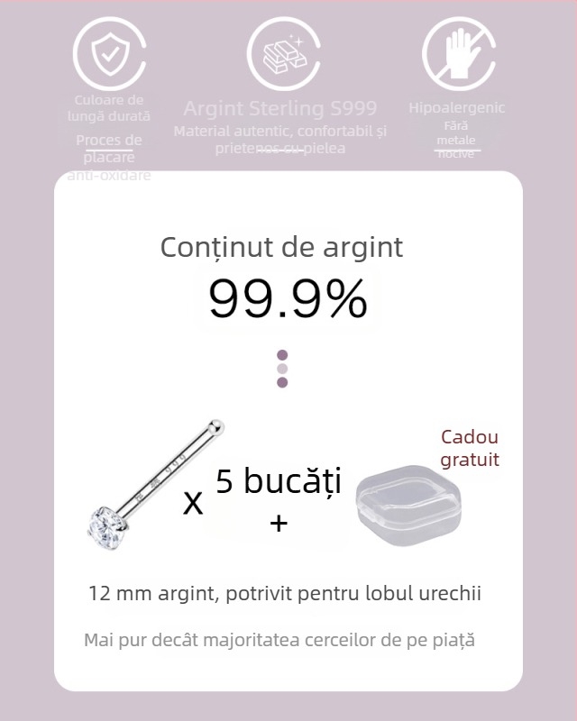 Cercei din argint 999 pentru femei, mici, cu diamant, pentru găuri la urechi, confortabili pentru somn