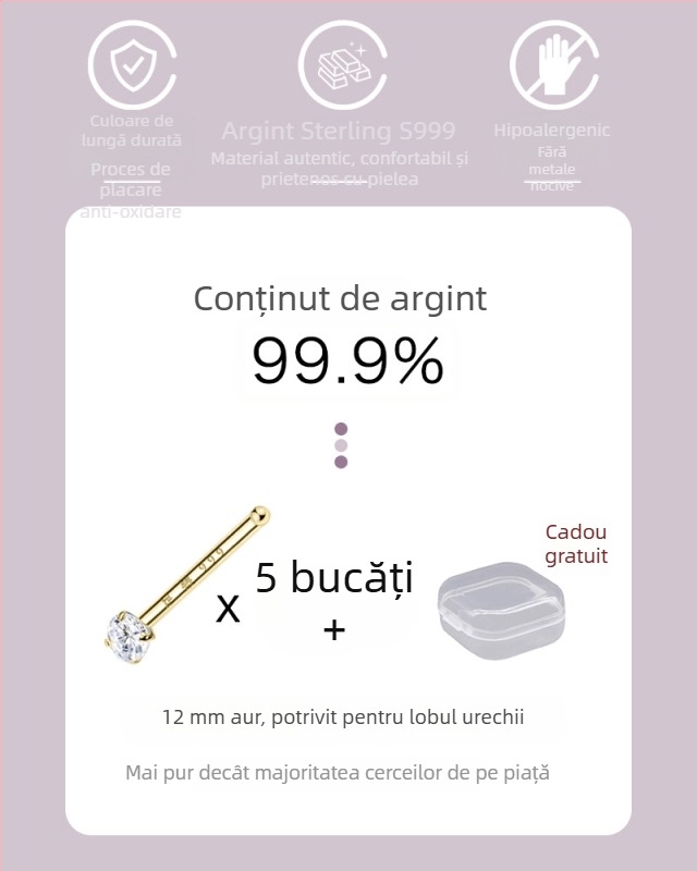 Cercei din argint 999 pentru femei, mici, cu diamant, pentru găuri la urechi, confortabili pentru somn