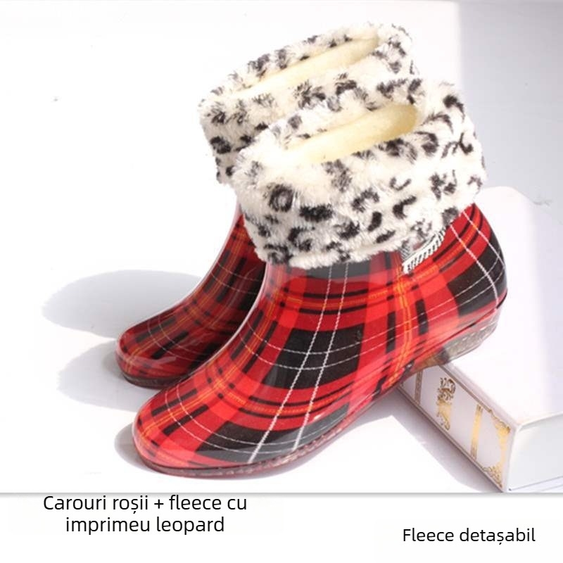 Cizme de ploaie din PVC pentru femei, căptușite cu fleece, înălțime scurtă, impermeabile, antiderapante, pantofi de grădină (partea superioară PVC; înălțime scurtă; căptușeală fleece; impermeabil; antiderapant)