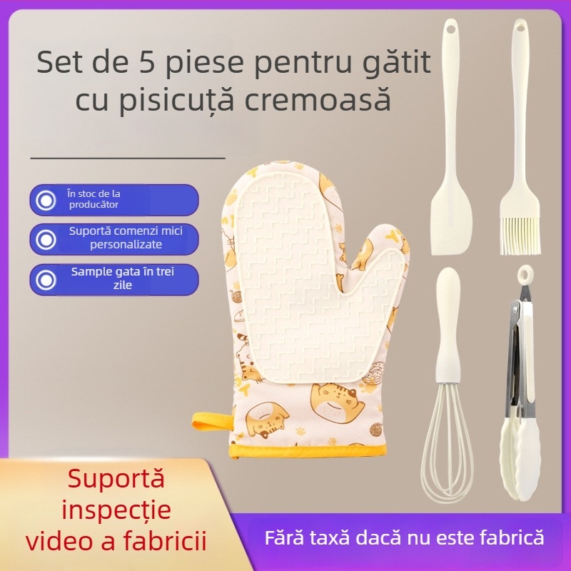 Mănuși pentru cuptor din bumbac și silicon, model pisicuță desene animate, set de 5 piese, personalizabile