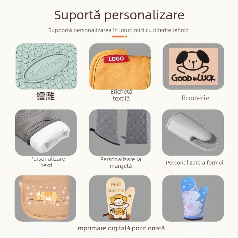 Mănuși pentru cuptor din bumbac și silicon, model pisicuță desene animate, set de 5 piese, personalizabile
