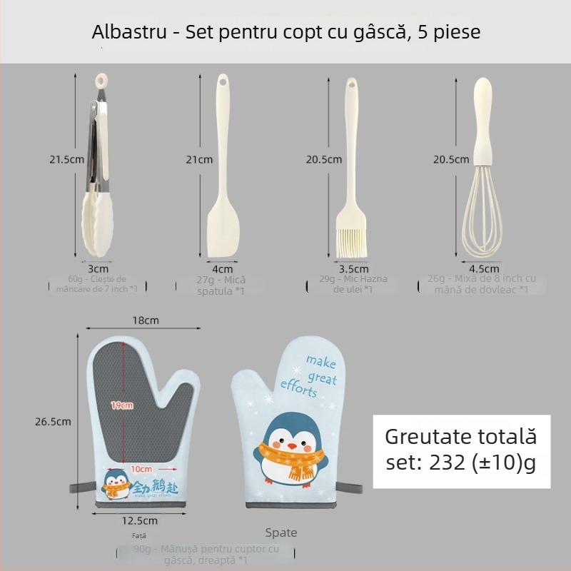 Mănuși pentru cuptor din bumbac și silicon, model pisicuță desene animate, set de 5 piese, personalizabile