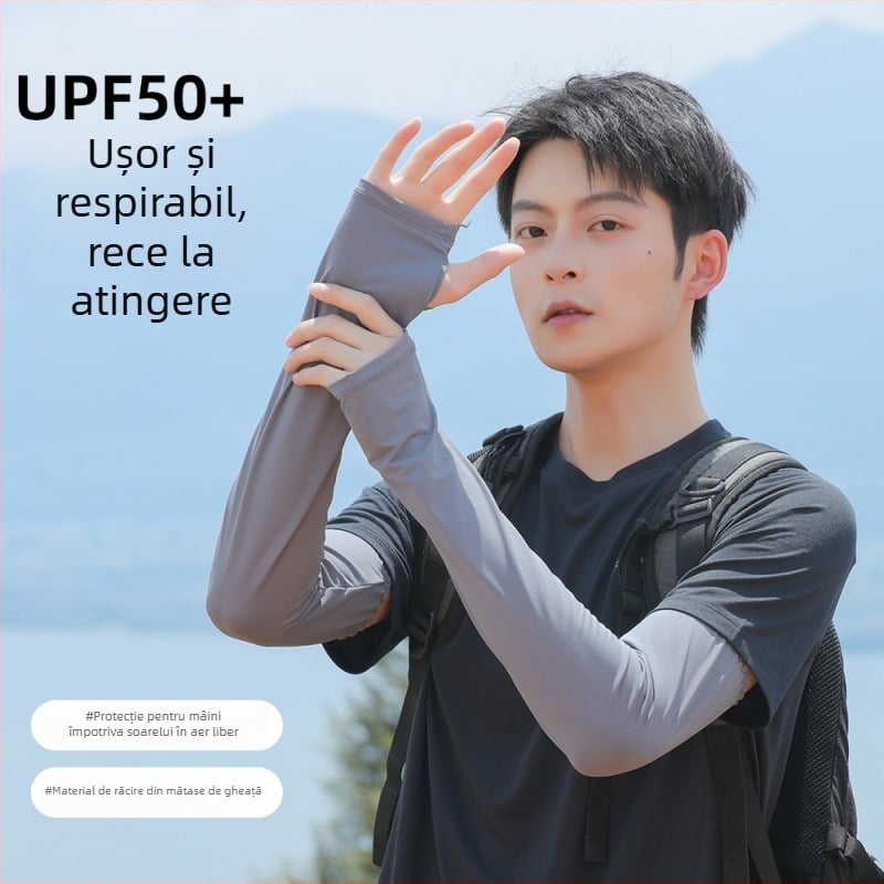 Manșetă de braț de vară cu protecție UV, țesătură ice silk, ușoară și respirabilă, conținut 81–95% poliester