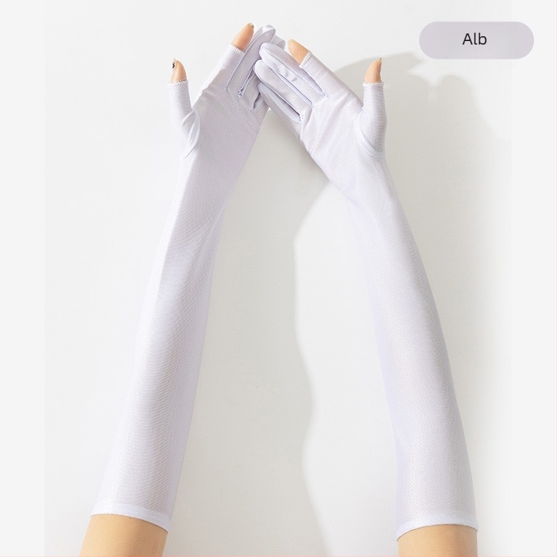 Mănuși feminine fără degete pentru protecție solară, amestec Lycra (10% elastan, 90% poliester), manșete lungi de răcire pentru ciclism și biciclete electrice, manșete subțiri de vară pentru condus, design cu încheietură deschisă — Primăvara 2024