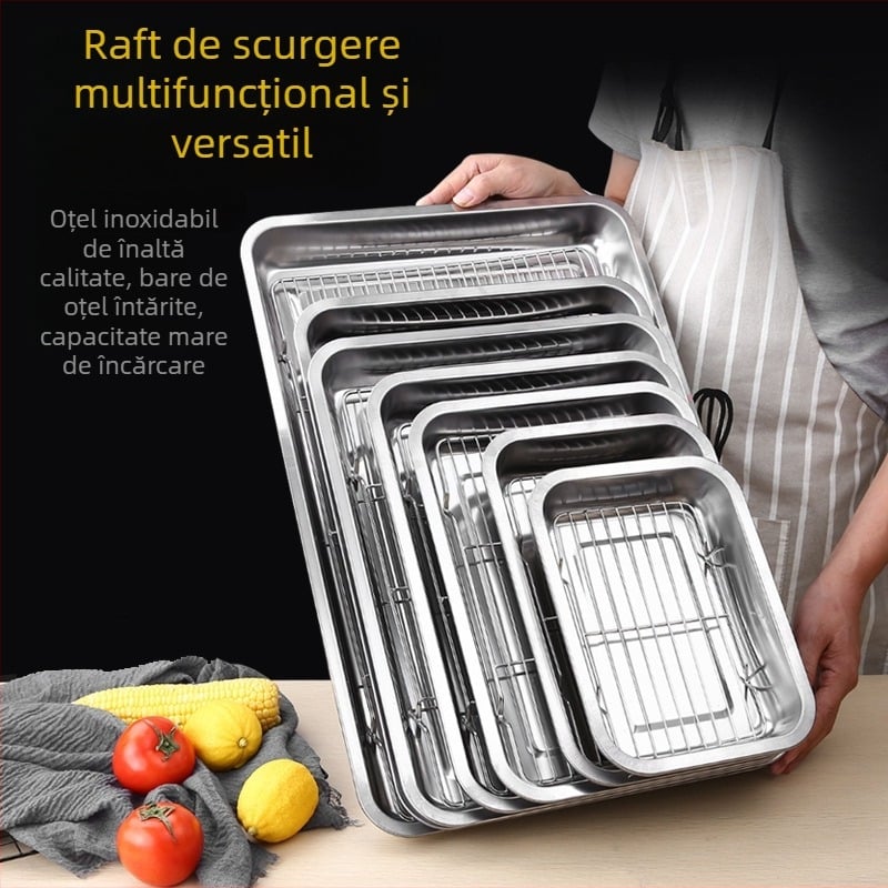 Tavă pătrată din oțel inoxidabil pentru prezentarea alimentelor, cu cadru de control al uleiului și placă de filtrare a uleiului