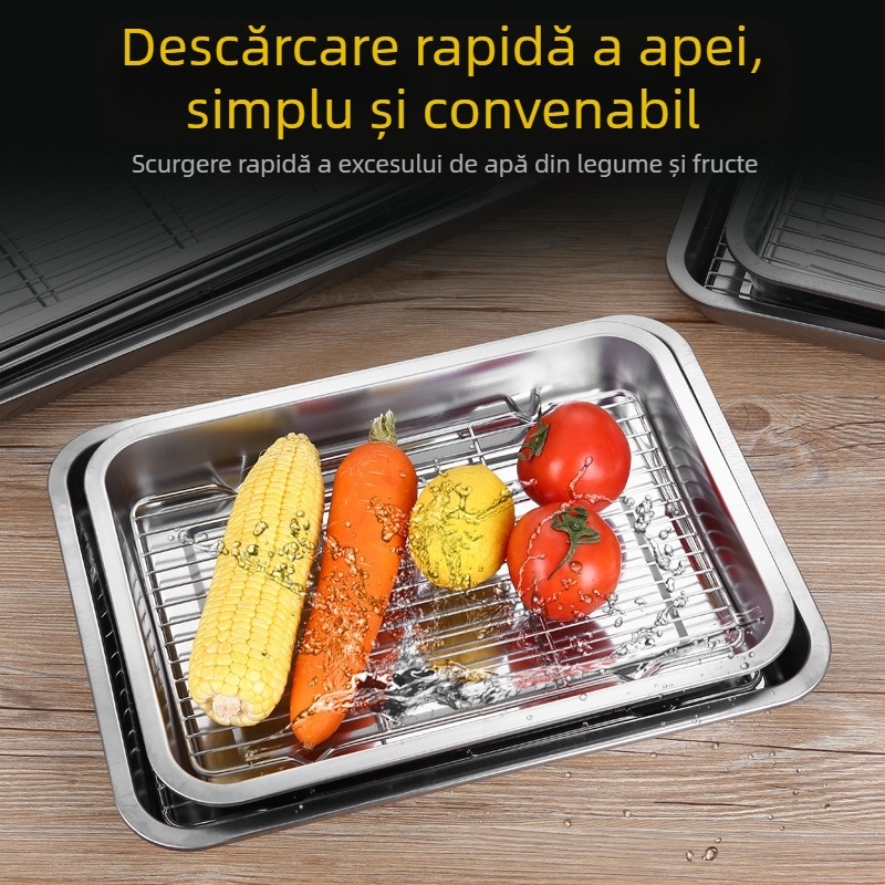 Tavă pătrată din oțel inoxidabil pentru prezentarea alimentelor, cu cadru de control al uleiului și placă de filtrare a uleiului