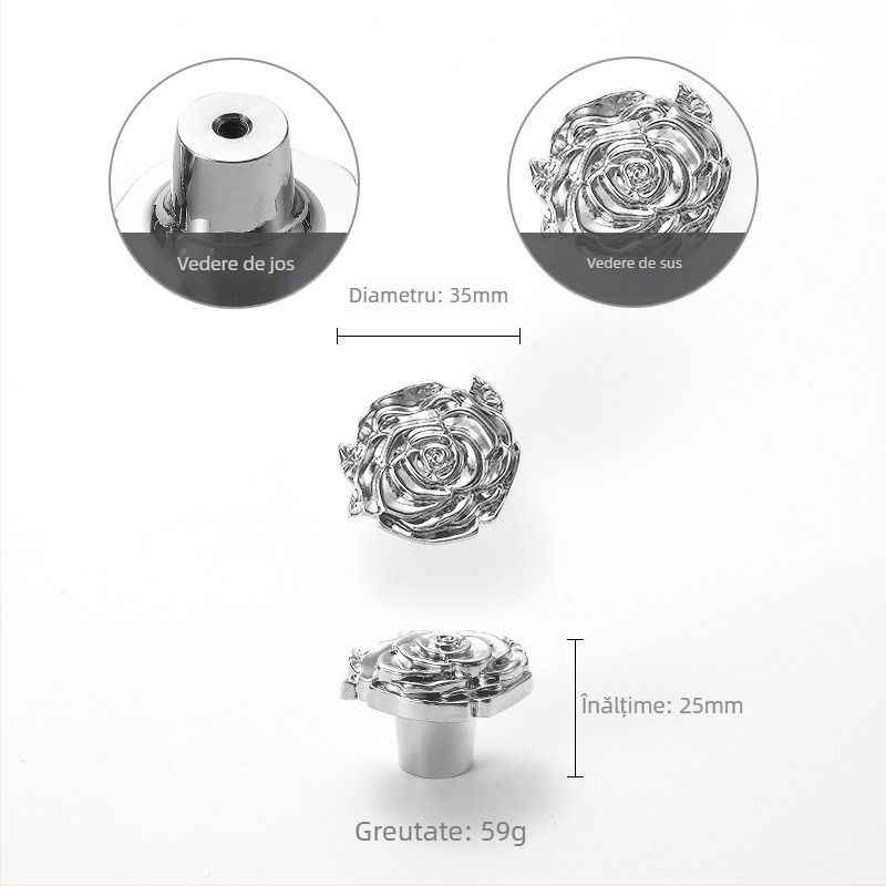 Mâner de ușă pentru dulap cu design de trandafir, cupru, modelul 301, personalizabil