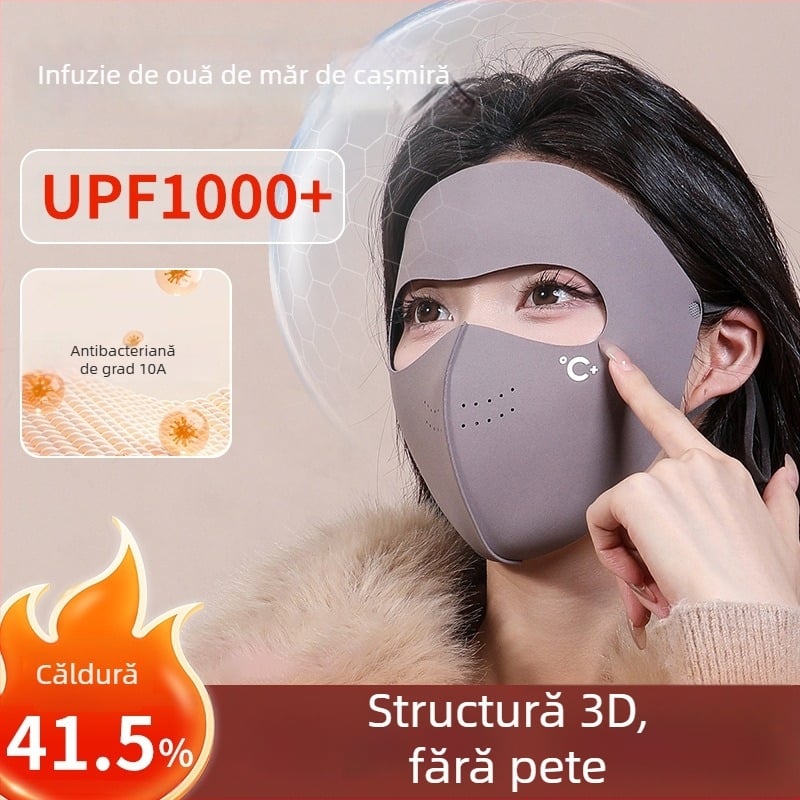 Mască de față caldă cu protecție solară, unisex, cusută, cu curele pentru urechi, monocrom (toamnă–iarna)