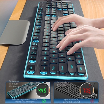 Set tastatură și mouse wireless Bluetooth — silențios, tastatură numerică, conectivitate 2.4G USB, construcție metalică, iluminare multicoloră