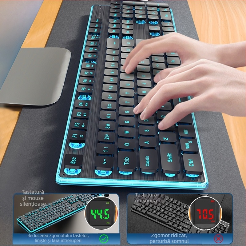 Set tastatură și mouse wireless Bluetooth — silențios, tastatură numerică, conectivitate 2.4G USB, construcție metalică, iluminare multicoloră