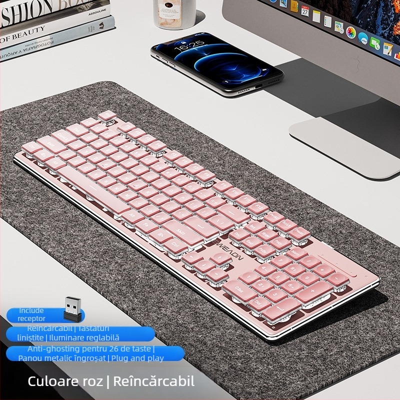 Set tastatură și mouse wireless Bluetooth — silențios, tastatură numerică, conectivitate 2.4G USB, construcție metalică, iluminare multicoloră