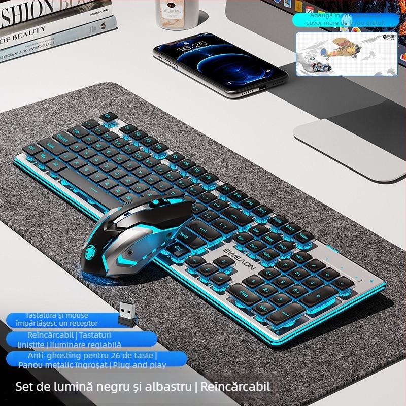Set tastatură și mouse wireless Bluetooth — silențios, tastatură numerică, conectivitate 2.4G USB, construcție metalică, iluminare multicoloră