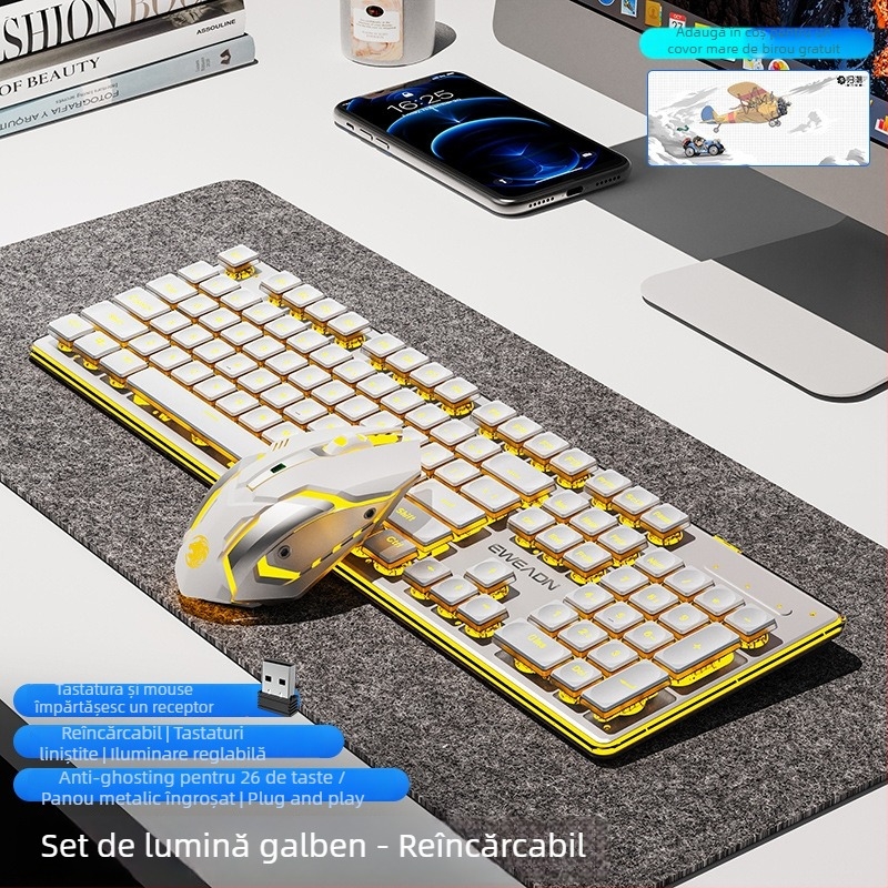 Set tastatură și mouse wireless Bluetooth — silențios, tastatură numerică, conectivitate 2.4G USB, construcție metalică, iluminare multicoloră