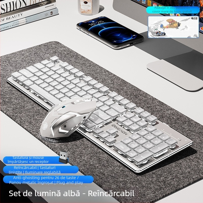 Set tastatură și mouse wireless Bluetooth — silențios, tastatură numerică, conectivitate 2.4G USB, construcție metalică, iluminare multicoloră