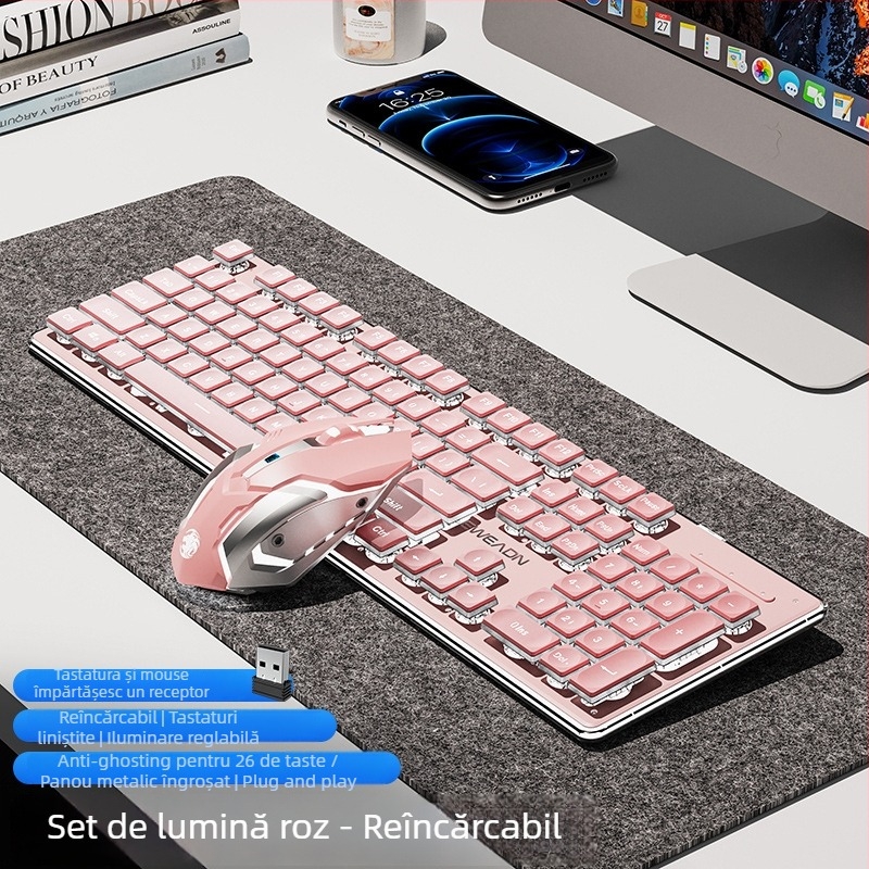 Set tastatură și mouse wireless Bluetooth — silențios, tastatură numerică, conectivitate 2.4G USB, construcție metalică, iluminare multicoloră