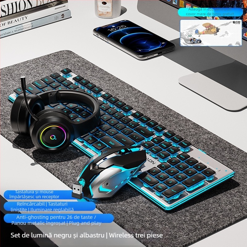 Set tastatură și mouse wireless Bluetooth — silențios, tastatură numerică, conectivitate 2.4G USB, construcție metalică, iluminare multicoloră