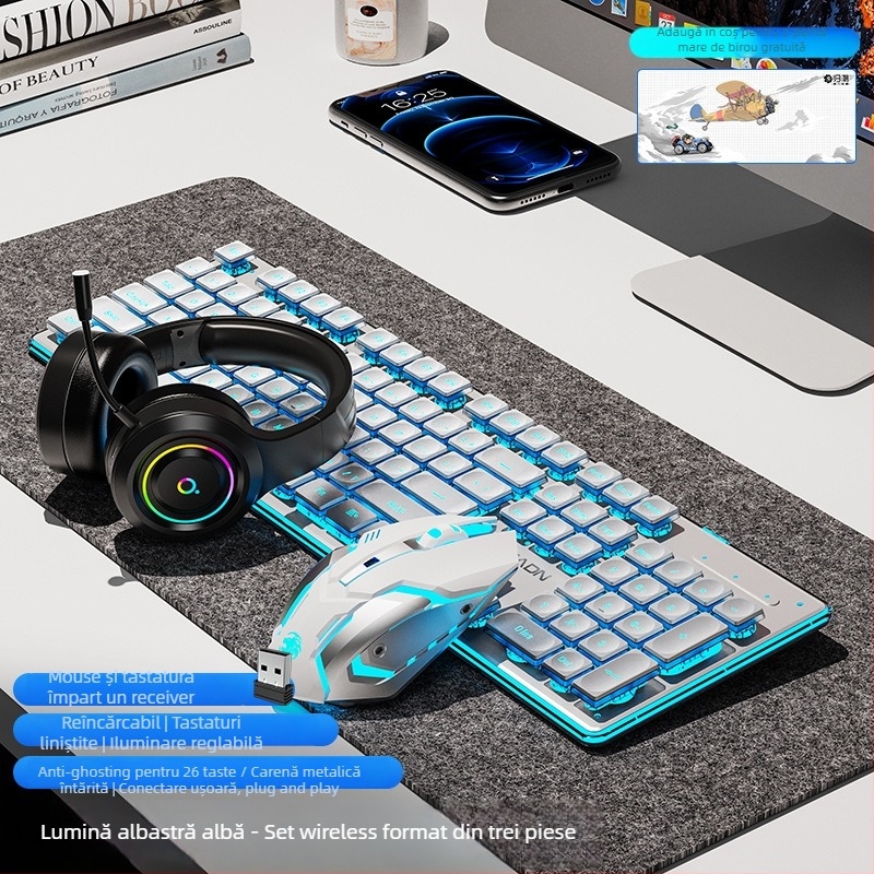 Set tastatură și mouse wireless Bluetooth — silențios, tastatură numerică, conectivitate 2.4G USB, construcție metalică, iluminare multicoloră