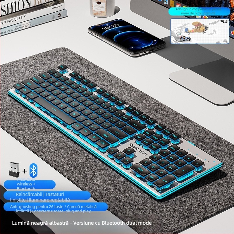 Set tastatură și mouse wireless Bluetooth — silențios, tastatură numerică, conectivitate 2.4G USB, construcție metalică, iluminare multicoloră